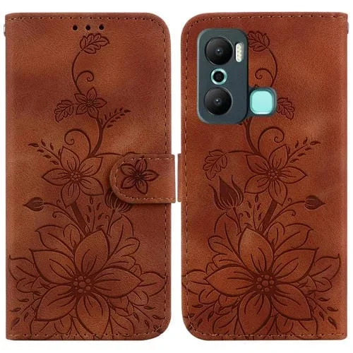 Estuche para Teléfono Infinix Hot 20 Play Lily de Cuero en Relieve (Marrón)