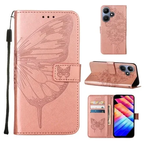 Estuche para Teléfono Infinix Hot 30I X669 Cuero con Mariposa En Relieve (Oro Rosa)