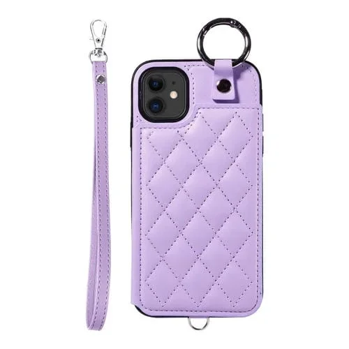 Estuche para Teléfono iPhone 11 con Bolsa para Tarjetas Textura Rómbica y Cordón Corto (Púrpura)