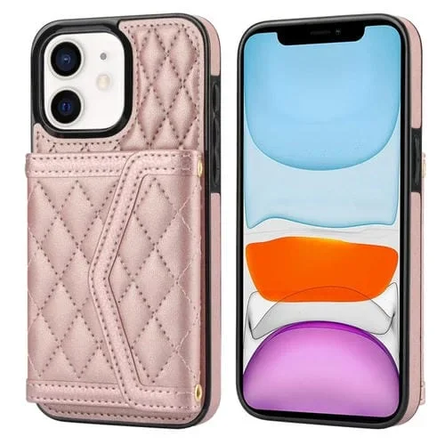 Estuche para Teléfono iPhone 11 con Bolsa para Tarjetas Textura Rómbica y Cordón Largo (Oro Rosa)