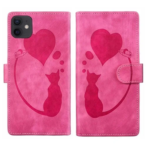 Estuche para Teléfono iPhone 11 Cuero Relieve Gato y Corazón (Rosa)