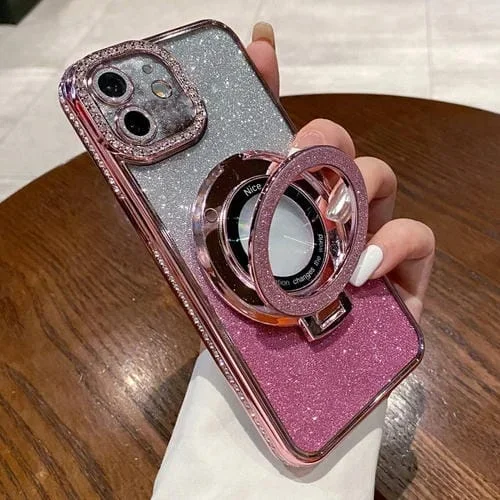 Estuche para teléfono iPhone 11 Magsafe con Soporte Chapado en Diamantes con Brillo Degradado (Rosa)