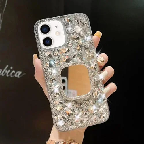 Estuche para Teléfono iPhone 11 PC con Diamantes de Imitación Hecho a Mano con Espejo (Cuadrado Gris Plateado)