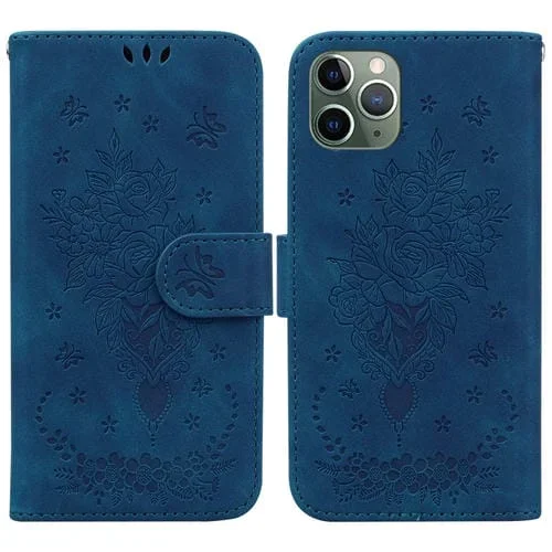 Estuche para teléfono iPhone 11 Pro Max Butterfly Rose Cuero en Relieve (Azul)