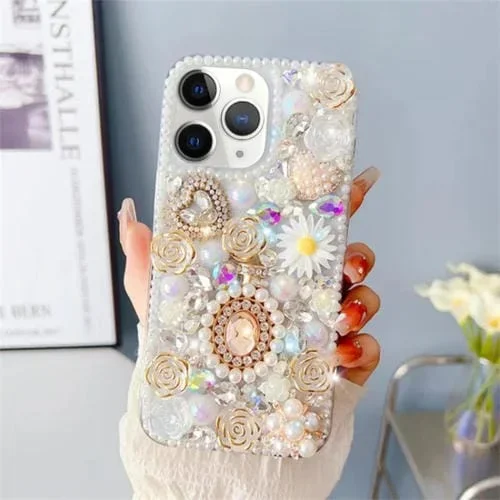 Estuche para Teléfono iPhone 11 Pro Max con Incrustaciones de Diamantes y Rosas para PC (Blanco)