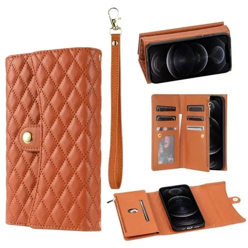 Estuche para Teléfono iPhone 11 Pro Max Cuero Rómbico con Billetera MultiTarjeta con Cremallera (Marrón)