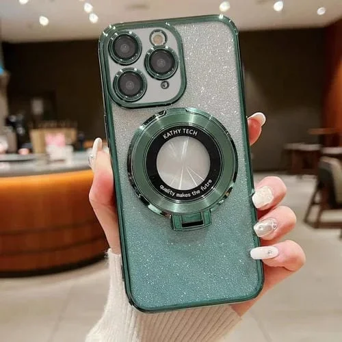 Estuche para Teléfono iPhone 11 Pro Max Magsafe con Soporte Galvanizado y Brillo Degradado (Verde)