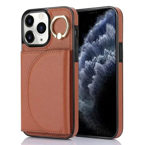 Estuche para Teléfono iPhone 11 Pro Max Ym006 con Soporte para Anillo y Tarjeta (Marrón)
