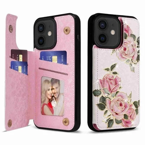Estuche para Teléfono iPhone 12/12 Pro Antirrobo Rfid con Doble Hebilla Impresa (Rosa)
