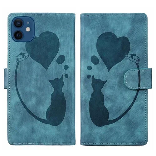 Estuche para Teléfono iPhone 12 Cuero Relieve Gato y Corazón (Azul)