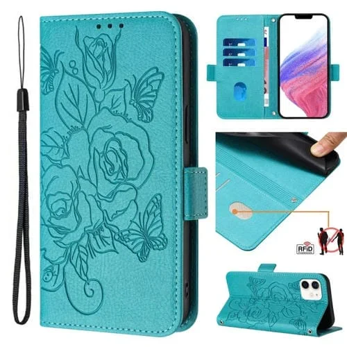 Estuche para teléfono iPhone 12 Mini cuero antirrobo RFID con rosa en relieve (Azul Claro)