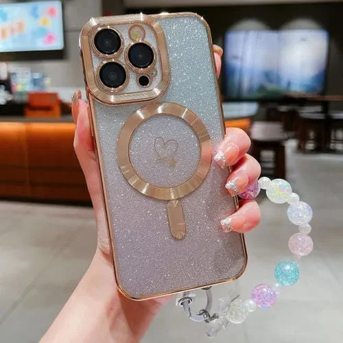 Estuche para Teléfono iPhone 12 Pro Loves Gradient Glitter Bracelets TPU Magsafe Fibra de Carbono (Dorado)