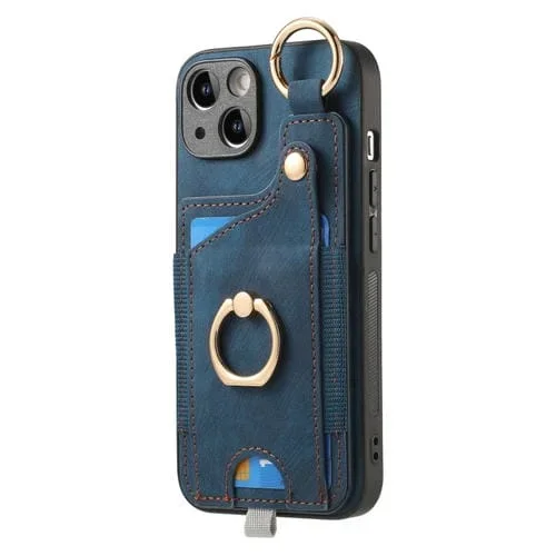 Estuche para Teléfono iPhone 12 Pro Max con Bolsa para Tarjeta Anillo y Sensación de Piel Retro con Lazo para Colgar (Azul)