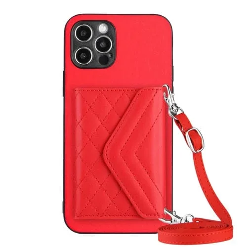 Estuche para Teléfono iPhone 12 Pro Max con Bolsa para Tarjetas Rfid Textura Rómbica Cordón Largo (Rojo)