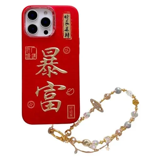 Estuche para teléfono iPhone 12 Pro Max con estampado dorado 3D Imd y cadena de cristal diseño Año Nuevo (Rico)