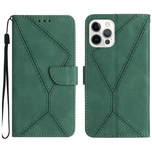 Estuche para teléfono iPhone 12 Pro Max Cuero con Costuras en Relieve (Verde)