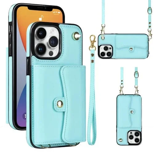 Estuche para Teléfono iPhone 12 Pro Max Ranura Tarjeta Rfid Cordón Largo (Verde Menta)