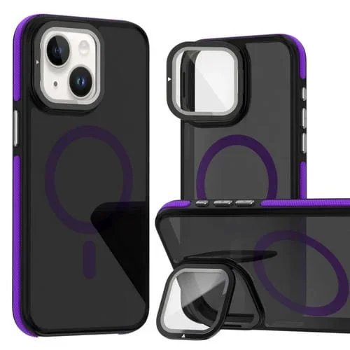 Estuche para teléfono iPhone 13/14 Magsafe con Película de Lente y Soporte (Púrpura)