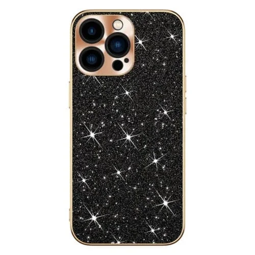 Estuche para Teléfono iPhone 13 con Anillo de Lente Textura Cd Diamante Estrellado Galvanizado (Negro)