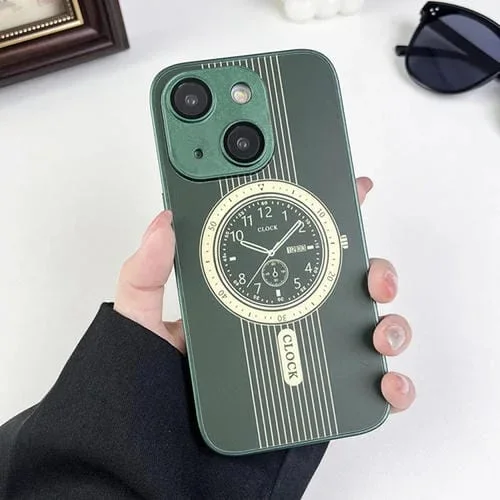 Estuche para Teléfono iPhone 13 con Protección de Lente Magnética y Patrón de Reloj (Verde)