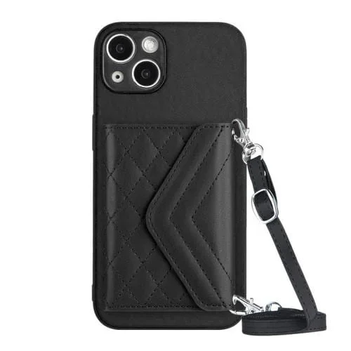 Estuche para Teléfono iPhone 13 Mini Rfid con Bolsa para Tarjetas Textura Rómbica y Cordón Largo (Negro)