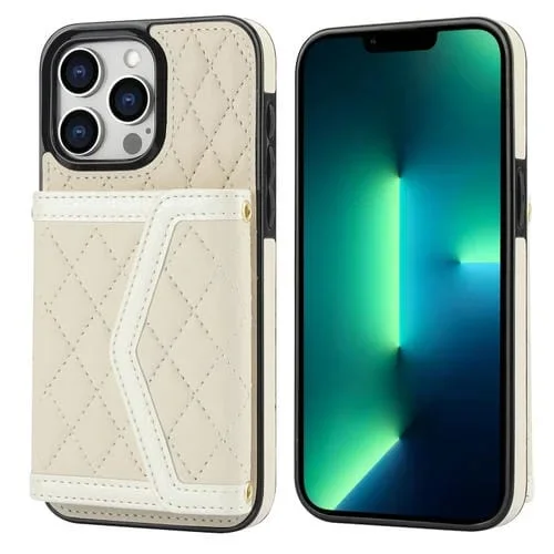 Estuche para Teléfono iPhone 13 Pro con Bolsa para Tarjetas Textura Rómbica y Cordón Largo (Beige)