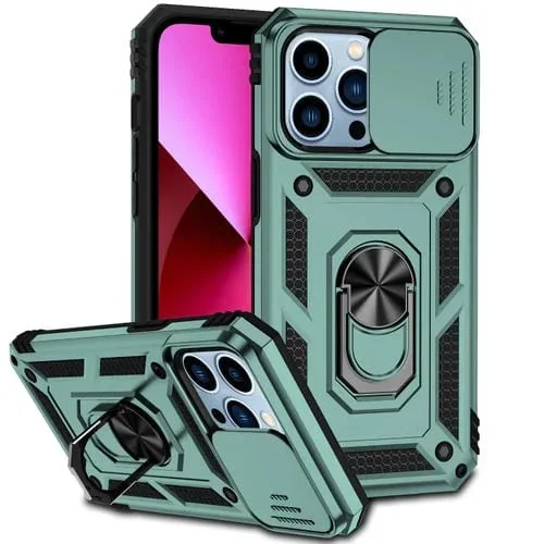 Estuche para teléfono iPhone 13 Pro con soporte deslizante Camshield (Verde Oscuro)