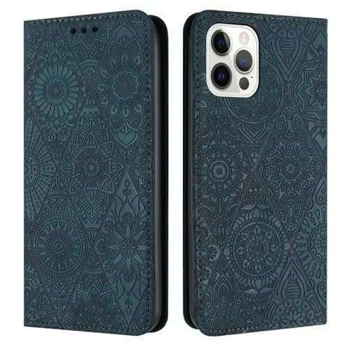 Estuche para Teléfono iPhone 13 Pro Cuero Adsorción En Relieve Étnico (Azul)