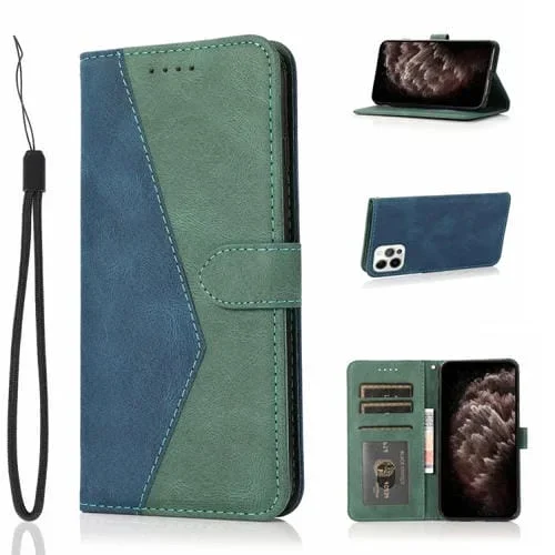 Estuche para Teléfono iPhone 13 Pro Cuero Costuras Dos Colores (Azul Verde)