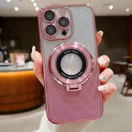 Estuche para Teléfono iPhone 13 Pro Magsafe con Soporte Galvanizado y Brillo Degradado (Rosa)