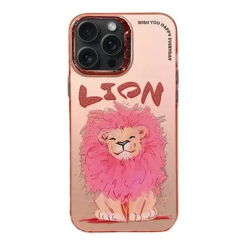 Estuche para Teléfono iPhone 13 Pro Max con Anillo de Lente Galvanizado Animales de Dibujos (León)