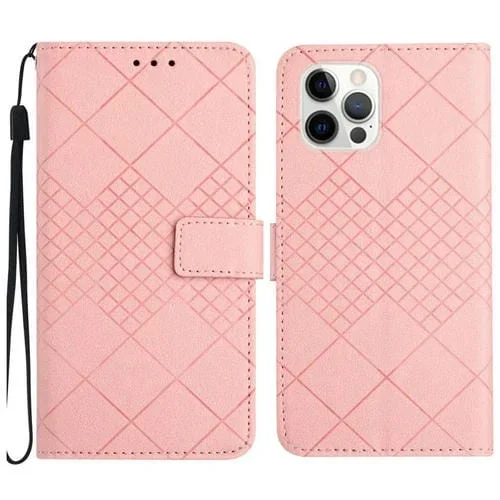 Estuche para Teléfono iPhone 13 Pro Max Cuero Textura de Rejilla Rómbica (Rosa)