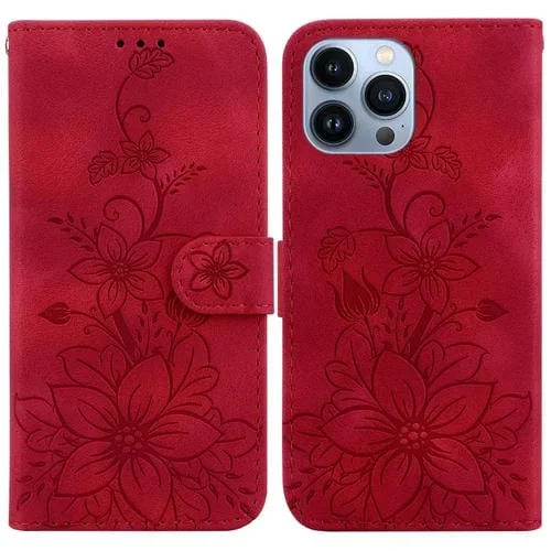 Estuche para Teléfono iPhone 13 Pro Max Lily Cuero En Relieve (Rojo)