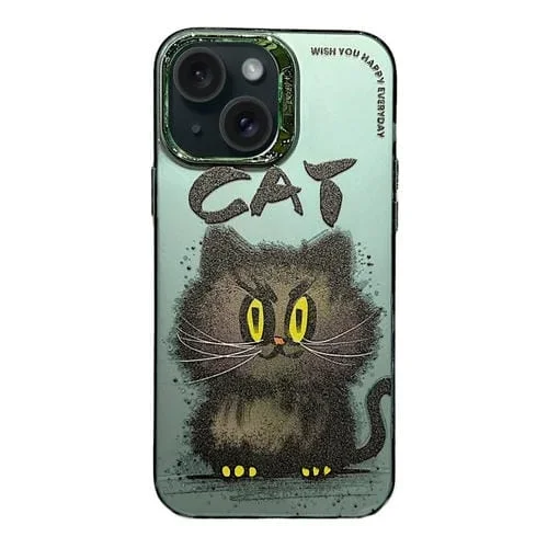 Estuche para Teléfono iPhone 14 con Anillo de Lente Galvanizado Animales Dibujos Animados (Gato)