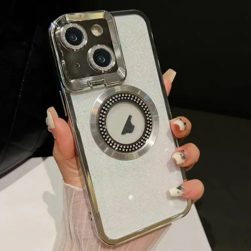 Estuche para Teléfono iPhone 14 con Soporte para Lente Magsafe Starry Glitter (Plateado)