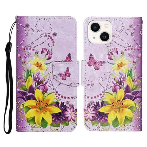 Estuche para teléfono iPhone 14 con tapa de cuero y dibujo 3D flores amarillas