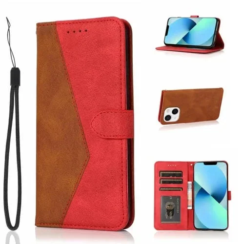 Estuche para Teléfono iPhone 14 Cuero Costuras de Dos Colores (Marrón Rojo)
