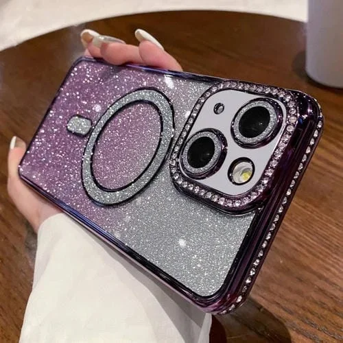 Estuche para Teléfono iPhone 14 Magsafe Chapado en Brillo con Degradado de Diamante (Púrpura)