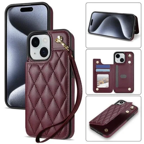 Estuche para Teléfono iPhone 14 Plus con Ranuras para Tarjetas y Hebilla Doble Rombal con Cordón (Rojo Vino)