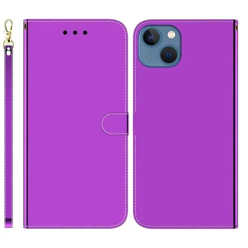 Estuche para Teléfono iPhone 14 Plus Cuero con Superficie de Espejo Imitado (Púrpura)