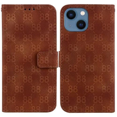 Estuche para teléfono iPhone 14 Plus Cuero en relieve Doble Forma de 8 (Marrón)