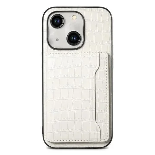 Estuche para Teléfono iPhone 14 Plus Diseño Bolsa para Tarjetas Textura Cocodrilo (Blanco)