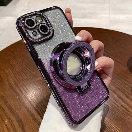 Estuche para Teléfono iPhone 14 Plus Magsafe con Soporte Chapado en Diamantes con Brillo Degradado (Púrpura)