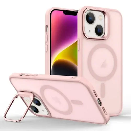 Estuche para Teléfono iPhone 14 Plus Magsafe Skin Feel con Soporte para Lentes (Rosa)