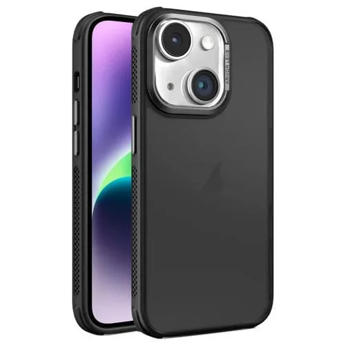 Estuche para Teléfono iPhone 14 Plus Marco de Lente Metal Esmerilado Sensación de Piel Enfriamiento Lateral (Negro)