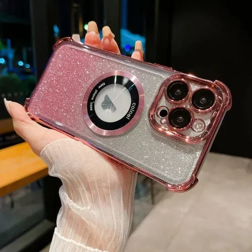Estuche para teléfono iPhone 14 Pro 6D Magsafe con armadura de brillo degradado y galvanoplastia (Rosa)