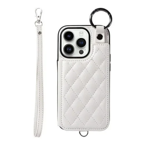 Estuche para Teléfono iPhone 14 Pro con Bolsa para Tarjetas Textura Rómbica y Cordón Corto (Blanco)