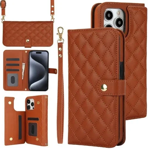 Estuche para Teléfono iPhone 14 Pro Crossbody Cuero Rómbico Multifunción (Marrón)