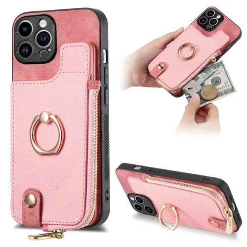 Estuche para Teléfono iPhone 14 Pro Max con Billetera, Cremallera Vertical y Anillo de Cuero Cruzado (Rosa)