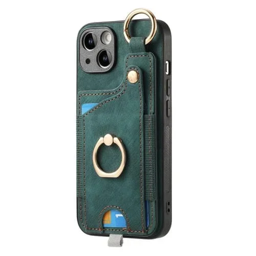 Estuche para Teléfono iPhone 14 Pro Max con Bolsa para Tarjeta y Anillo con Lazo (Verde)